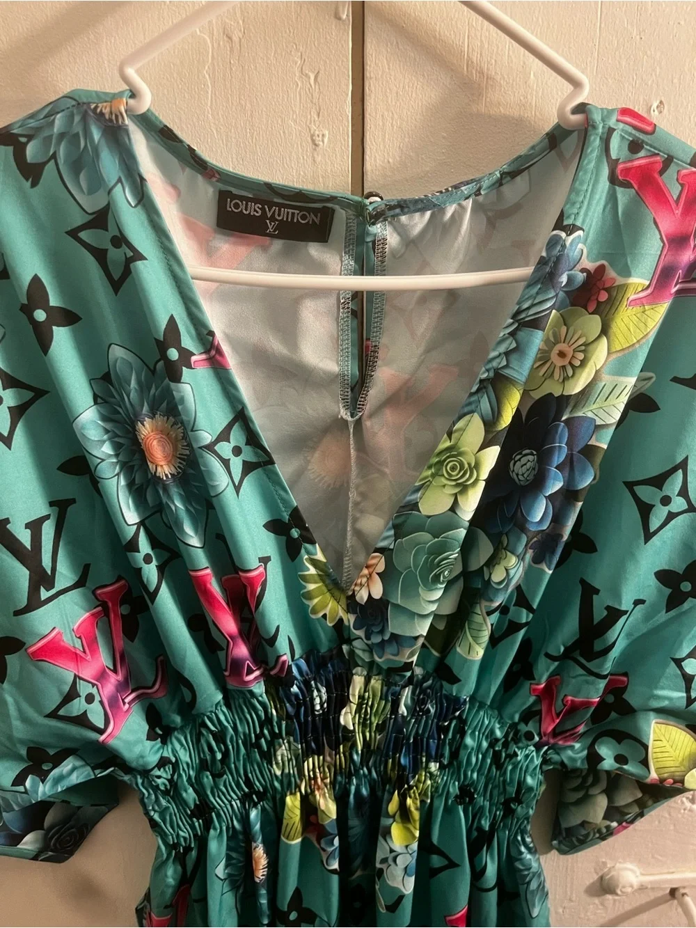 Brand New long Turquoise Floral Logo V-Neck Midi Dress